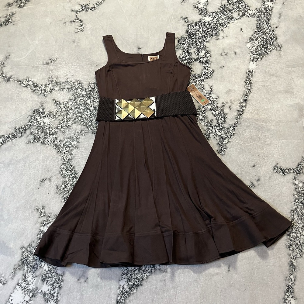NUE by Shani‎ Tank Dress Sz 8 Brown Sleeveless with a gold embellished Belt